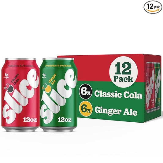 Slice Healthy Soda, Cola & Ginger Ale Variety Pack, Prebiotic & Probiotic Soda Pop, 5g Fiber, 35-40 calories, 12 fl oz 12 Pack (6 of each flavor)