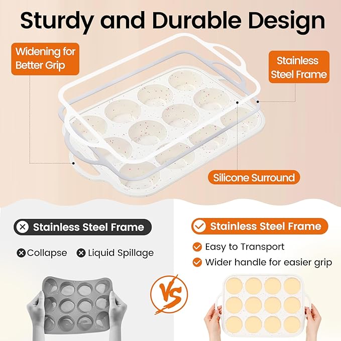 Fimary Silicone Muffin Pans for Baking 2 Pack, 2.8 Inch with Metal Reinforced Frame, Regular Size Nonstick Silicone Cupcake Pan 12 Cups for Baking Homemade Muffins, Cupcakes, Dishwasher Safe BPA Free
