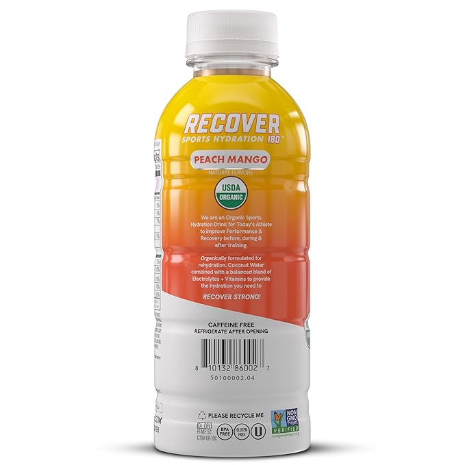 RECOVER 180 Organic Sports Hydration Drink, No Sugar Added, 20 Calorie Sports Beverage, Organic Flavors With Vitamins, Potassium-Packed Electrolytes (16.9 Fl Oz (Pack of 12), Peach Mango)