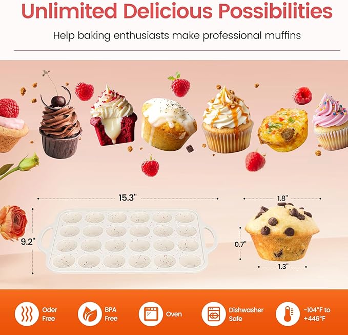 Fimary Silicone Mini Muffin Pan With Metal Reinforced Frame - 24 Cups Durable Silicone Cupcake Pan for Muffin, Cupcakes, BPA Free and Dishwasher Safe - 1 Piece Beige with Rainbow Spots