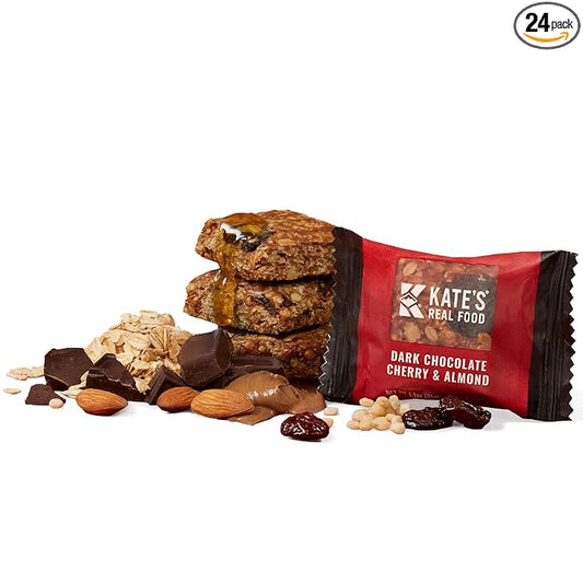Kate’s Real Food Mini Organic Granola Bars - Dark Chocolate Cherry Almond (1.1 oz, Pack of 24) - Organic Energy Bars Made with Gluten Free Oats - Non GMO, Soy Free, Whole Grains, and All Natural - Healthy Snacks