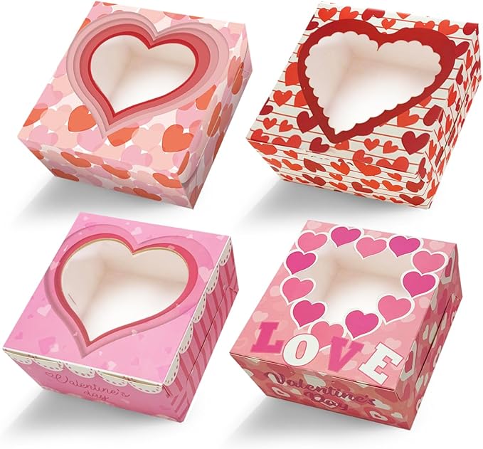 Bakepacker Valentine 30-Packs Bakery Boxes with Window 6x6x3 inches Thick & Sturdy Macaroon Pastry Boxes Cookie Boxes for Bakerys