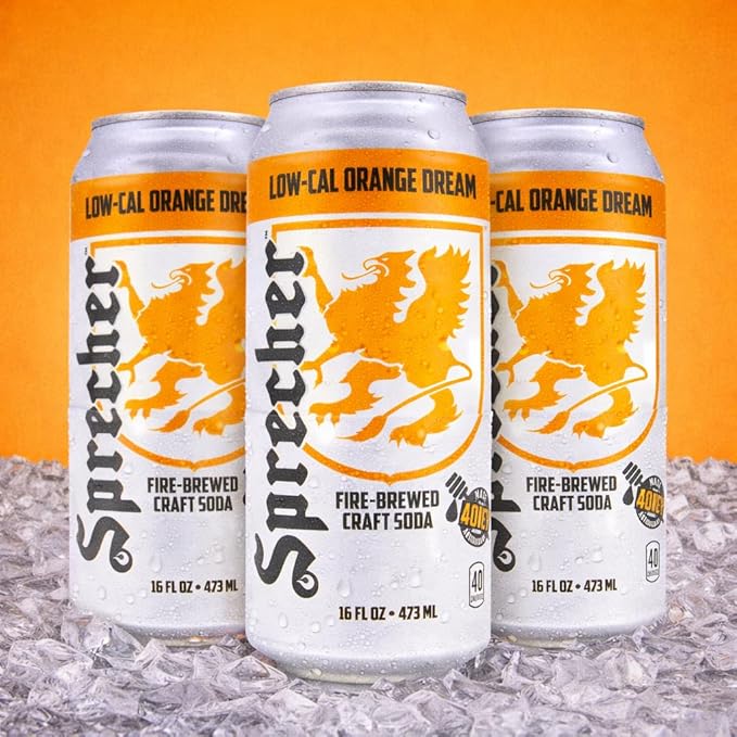 Sprecher Low-Cal Orange Dream Soda 16 fl oz Cans (12 Pack), Fire-Brewed Diet Soda with Real Honey, Handcrafted Orange Soda, Reduced Calorie, Caffeine-Free Gourmet Beverage