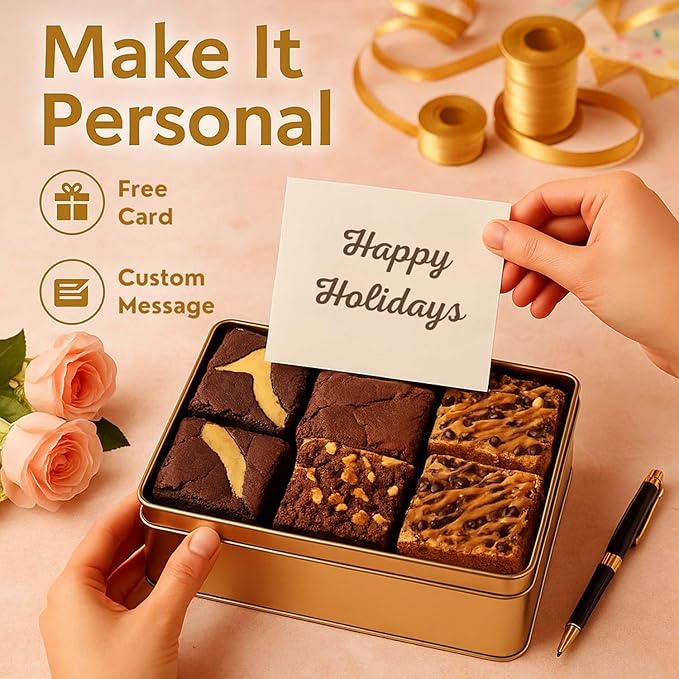 Holiday Gift Baskets - 18 Individually Wrapped Brownies Freshly Baked in a Variety of Flavors - Dulcet's Signature Flavored Fudge Brownies Christmas Gift Baskets for Families - Gift Box Comes with Season Greetings Card