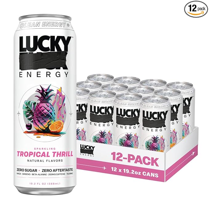 Lucky Energy Sugar Free Energy Drinks, Tropical Thrill, 16oz Cans (12-Pack) Healthy, Zero Sugar Energy Drink with Maca, Ginseng, Beta-Alanine, Taurine & 200mg Caffeine