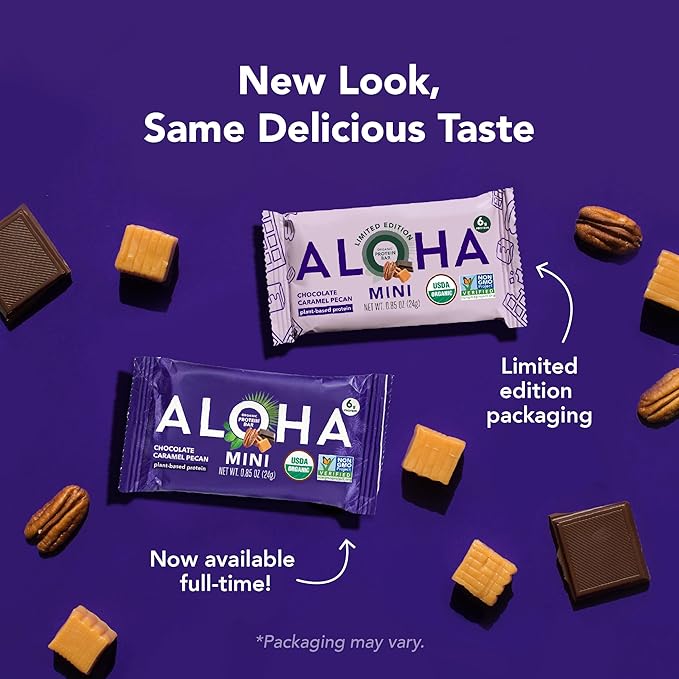 ALOHA Organic Plant Based Protein Bar MINIS | Caramel Chocolate Pecan | GLP-1 Friendly, 20 Count, 24g Bars | Vegan, Low Sugar, Gluten Free, Low Carb, Non-GMO, No Stevia, No Soy, No Sugar Alcohols