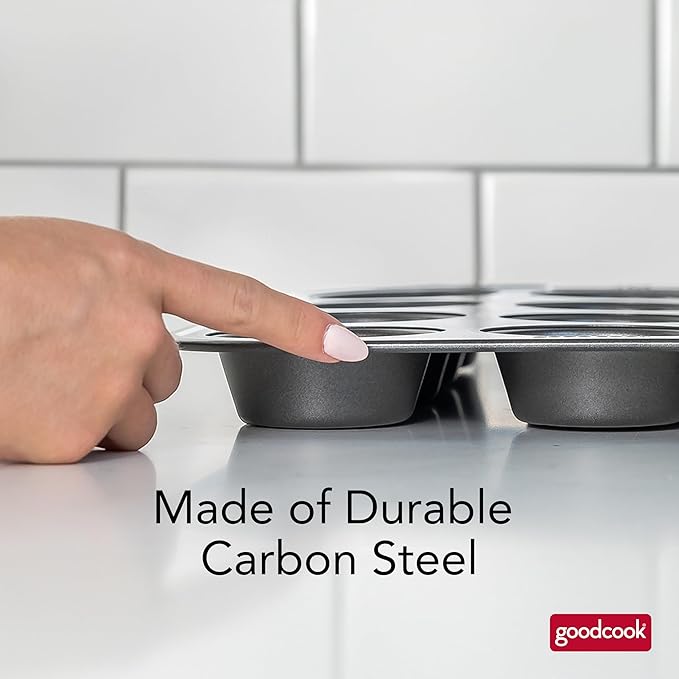 GoodCook PRO Muffin Pan Nonstick Cupcake Pan, Warp & Scratch-Resistant Dishwasher-Safe Carbon Steel Construction for Even Baking With or Without Liners, 12-Cup, Gray