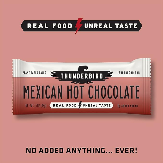 Thunderbird Bars Energy Snack, Gluten-Free With Protein, Healthy Real Food, Vegan Paleo Non-Gmo, No Added Sugar, Mexican Hot Chocolate Flavor (12 Count, 1.7 Oz. Bars) - Spicy