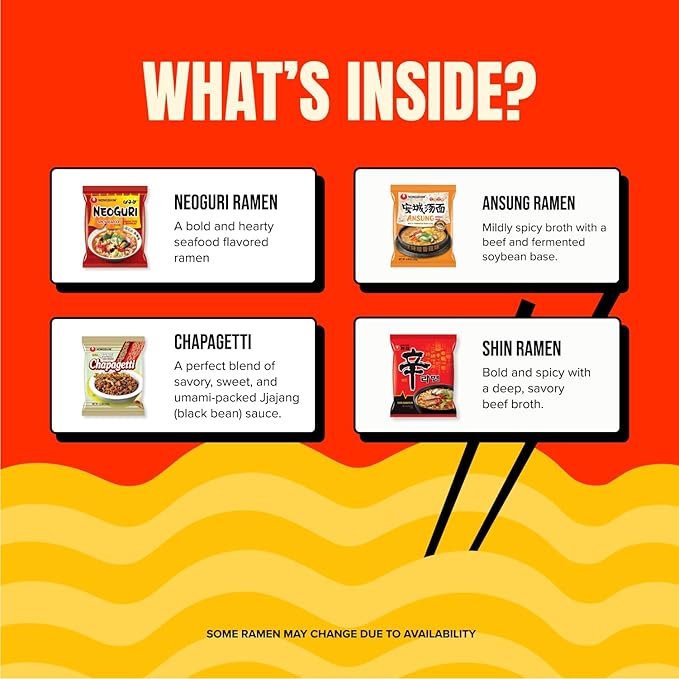 Journey of Asia "4 Nongshim Ramen Combo" Ansungtangmyun, Neoguri Udon, Chapagetti, Shin Ramen | Gift for College Students and Adults | Korean Noodle Challenge