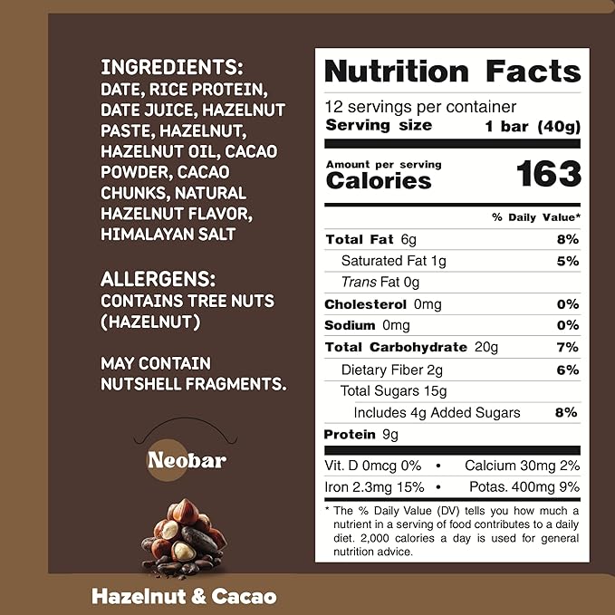 NEOBAR Fruit and Nut Bars - Plant-Based Vegan Snack Bars, Gluten Free Dairy Free Snacks, No Preservatives, No Refined Sugars Added, Non-GMO | Hazelnut & Cacao, 9g Protein,12 Count