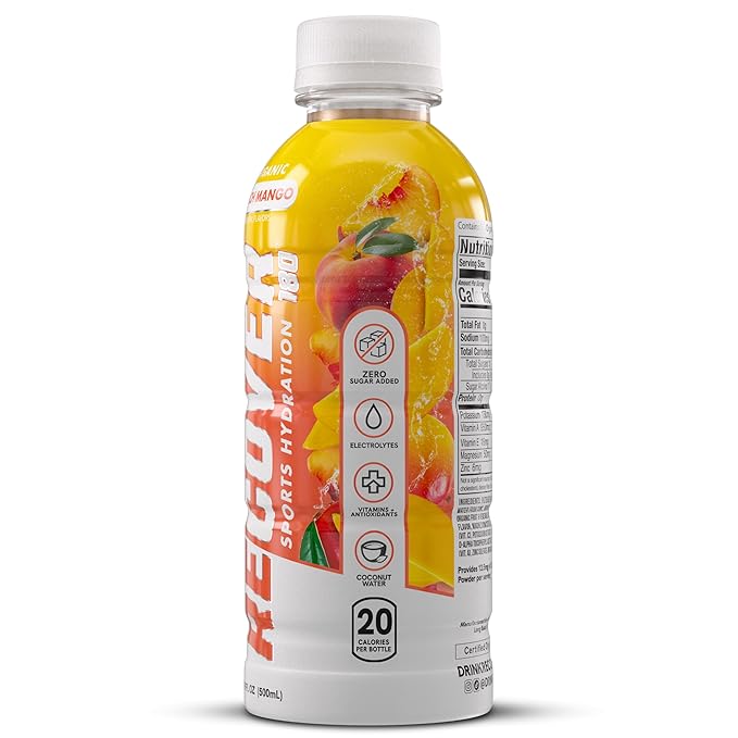 RECOVER 180 Organic Sports Hydration Drink, No Sugar Added, 20 Calorie Sports Beverage, Organic Flavors With Vitamins, Potassium-Packed Electrolytes (16.9 Fl Oz (Pack of 12), Peach Mango)