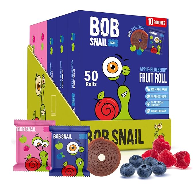 Bob Snail Fruit Roll Ups – 50 Natural Fruit Snacks (Blueberry & Raspberry), Vegan, No Added Sugar, Healthy On-the-Go Pack, 500g