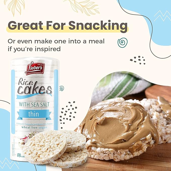 Lieber's Thin Rice Cakes, Kosher Certified Snack, Dairy Free, Wheat Free, Gluten Free, And Vegan options (Sea Salt 6 Pack)