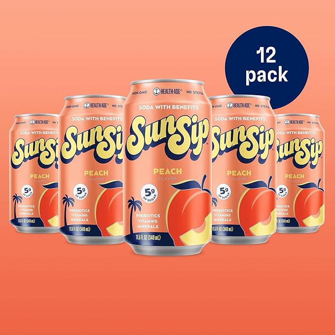 SunSip Prebiotic Soda by Health-Ade, Gut-Healthy Beverage, Soda Swap, Vitamins & Minerals, Naturally Sweetened with 5g of Sugar, Peach, 11.5 oz (12 Pack)