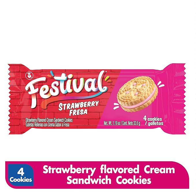 Festival Strawberry Cookies | Cream Strawberry Sandwich Cookies | Natural Dyes & Low Sodium | High Cream Content | 14.6 Oz (Pack of 3)