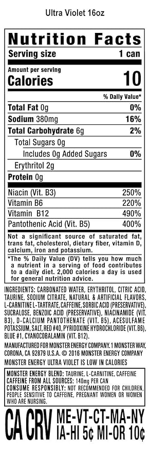 Monster Energy Ultra Violet, Sugar Free Energy Drink, 16 Ounce | Pack of 15