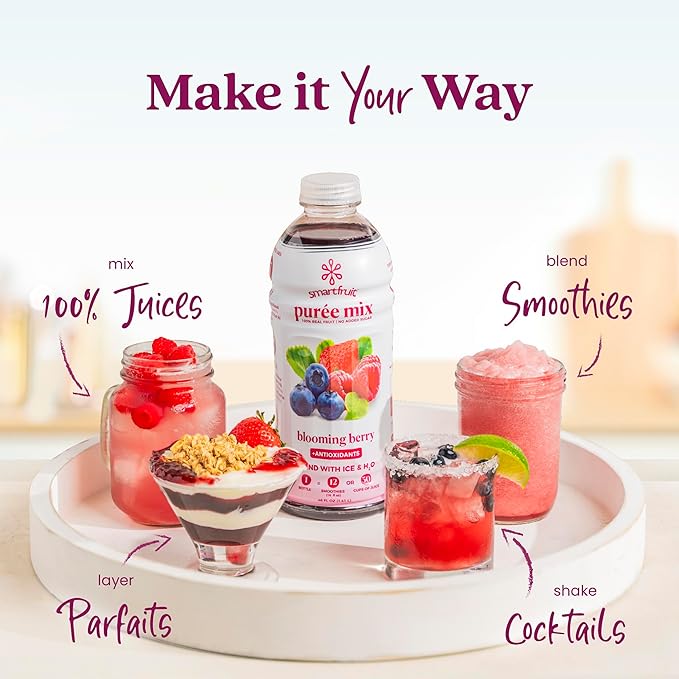 Smartfruit Blooming Berry + Antioxidants – 100% Real Fruit Purée with Strawberries, Blueberries, Raspberries – Great for Smoothies, Juice, Yogurt, Cocktails, Teas & More – High in Vitamin A & C – 48oz