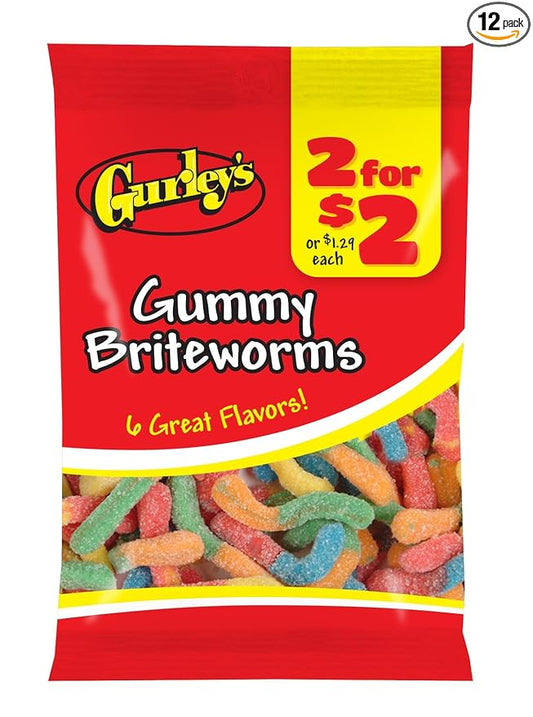 Gurley's Gummi Briteworms, Neon-Colored, Tangy Gummy Worms (Pack of 12)