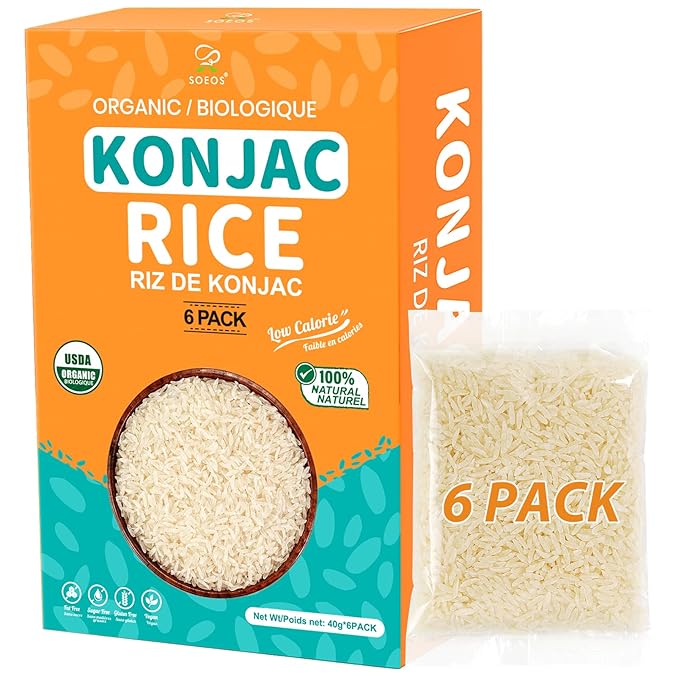 Soeos Organic Dried Konjac Rice, 6 Pack (40g Each), Plant-Based, Quick-Cooking Rice Alternative, Pantry Staple for Stir-Fries, Soups & More
