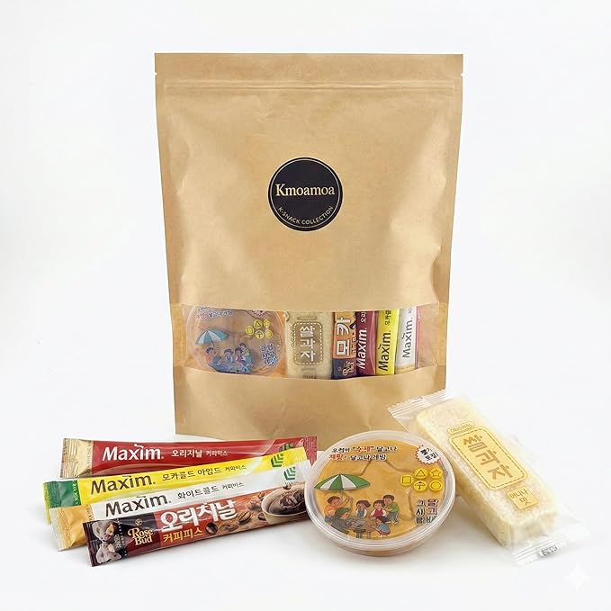 Korean Instant Coffee MIx Variety 30 Sticks With 3 Handmade Dalgona candies, 6 Rice snacks! 5 Different Flavors (6 Pack of Each / Maxim Original, Mocha Gold Mild, White Gold, Rosebud Mocha, Original Coffee Mix)