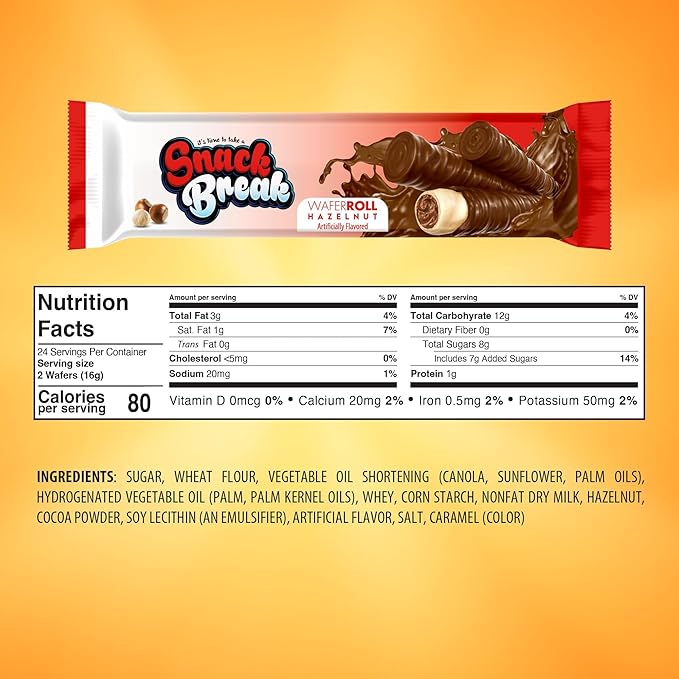 Snack Break Hazelnut Wafer Rolls, Rolled Wafer Cookies, Cocoa Coated Delicious Snack, Individually Wrapped, Crunchy Sticks for On-the-Go, Coffee, Tea, 24 Count (Pack of 3)