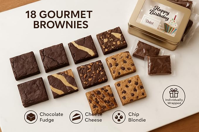 Birthday Gift Basket for Women - 18 Individually Wrapped Brownies Freshly Baked in a Variety of Flavors - Dulcet's Signature Flavored Fudge Brownies - Gift Box Comes with Happy Birthday Card