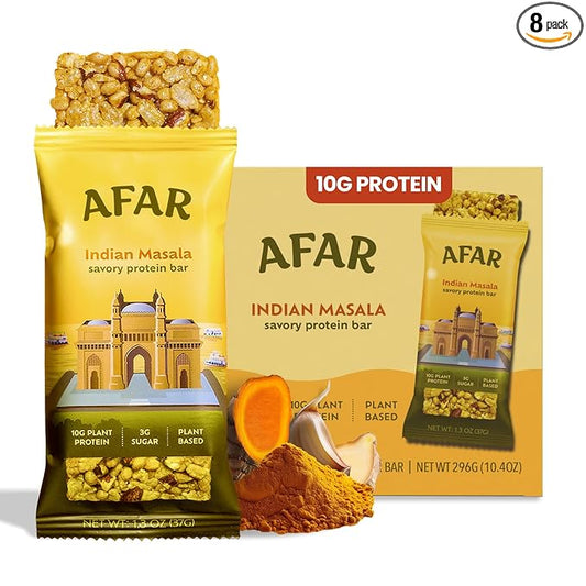 Afar Savory Protein Bars – Low Sugar, High Protein – Healthy Snacks for Adults – Meal Replacement Bar – Rice Crispy Texture – Vegan, Gluten Free (8 Bars, Indian Masala)