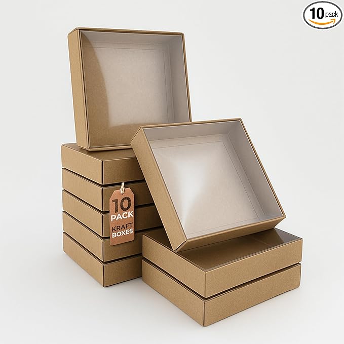 Diakarma Gift Boxes with Clear Cover, Bakery Treat Boxes for Small Cakes, Cookies, Desserts, Donuts, Pastries, Gifts, and Party Favors – Durable & Elegant (10 Pieces Brown Kraft, 6"x6"x1.2")