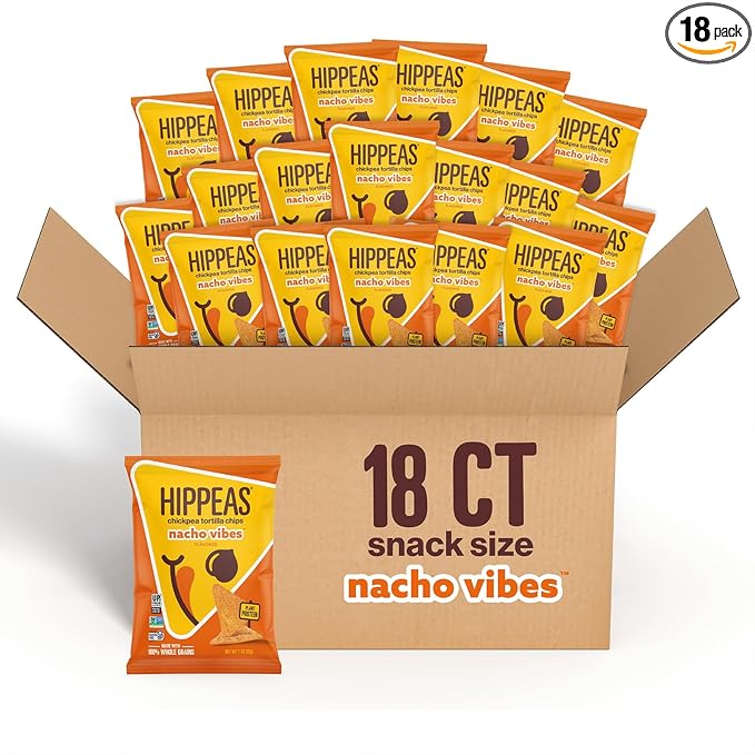 HIPPEAS Chickpea Tortilla Chips, Nacho Vibes Gluten Free Snacks, Dairy Free, Vegan, 1oz, Pack of 18, 3g Protein, 3g Fiber, Crunchy, Nutritious, Plant Protein Snack, Non-GMO, Kosher