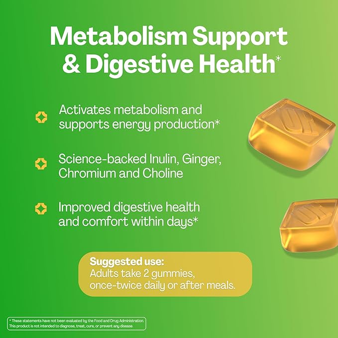 URVI® Metabolism Gummies – Inulin Prebiotic Fiber + Ginger Extract with Chromium & Choline (Minerals) – Gut Health & Digestive Support – Sugar-Free, Gluten-Free – Ginger-Lemon Flavor, 60 Count