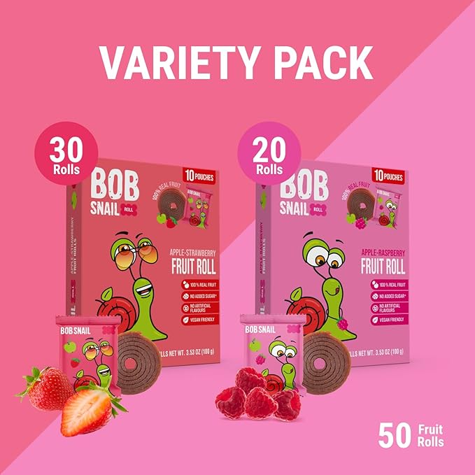Bob Snail Fruit Roll Ups – 50 Natural Fruit Snacks (Strawberry & Raspberry), Vegan, No Added Sugar, Healthy On-the-Go Pack, 500g