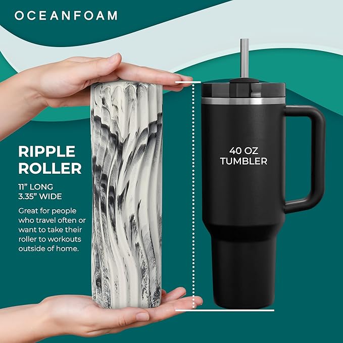 Oceanfoam Ripple Travel Foam Roller (11" x 3.35") Firm Mini Foam Roller for Physical Therapy, Deep Tissue Massage, Back Pain - High Density, Ergonomic Wave Textured - Yoga, Exercise (Black Marbled)