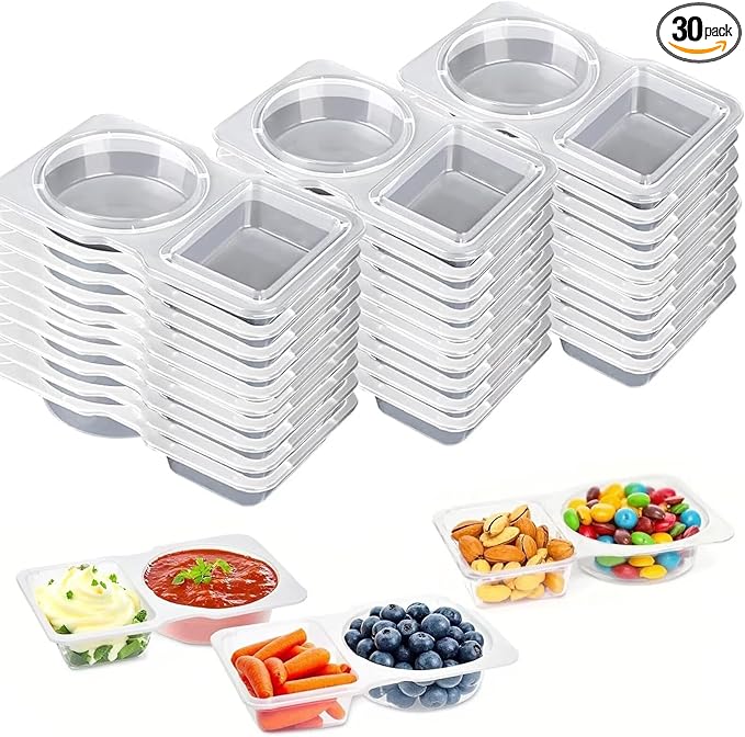 30pcs Reusable Snack Containers with Lids,2025 New 2 Compartment Plastic Containers for Pack Snacks,Leakproof Double Compartment Condiment Pack for Meal Prep, Portion Control,On-the-Go School Travel