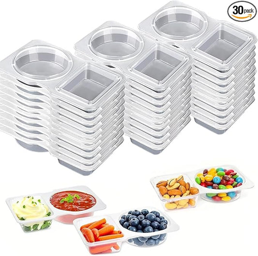 30pcs Reusable Snack Containers with Lids,2025 New 2 Compartment Plastic Containers for Pack Snacks,Leakproof Double Compartment Condiment Pack for Meal Prep, Portion Control,On-the-Go School Travel
