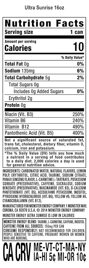 Monster Energy Ultra Sunrise, Sugar Free Energy Drink, 16 Fl Oz | Pack of 15