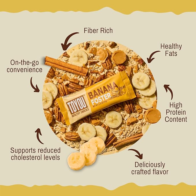 ToYou Gluten Free Chewy Fruit and Nut Bars - Healthy Protein Snacks | Banana Foster - 1.41 Ounce (Pack of 12) | Soft Chewy, Fiber-Packed Granola Bars for Adults and Kids, Made with Natural Ingredients