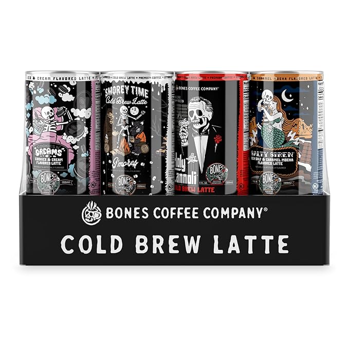 Bones Coffee Company Variety Pack Flavored Coffee, S'morey Time, Salty Siren, Holy Cannoli and Cookies N' Dreams Ready To Drink Latte Coffee in Can | Variety Flavors in Cans | 11 Fl Oz Can (12 Pack)