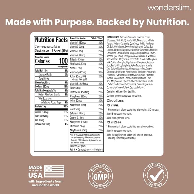WonderSlim Meal Replacement Shake, Mocha Cream, 15g Protein, 24 Vitamins & Minerals, Gluten Free (7ct)