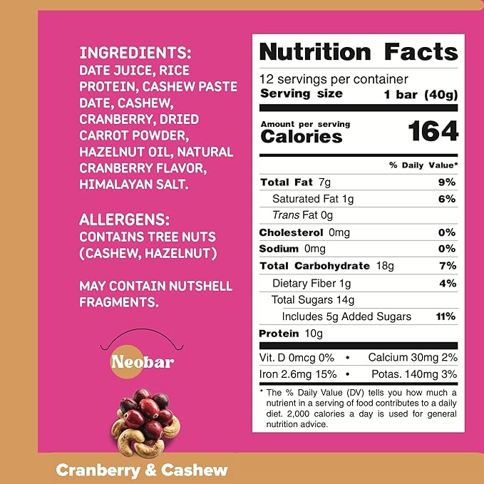 NEOBAR Fruit and Nut Bars - Plant-Based Vegan Snack Bars, Gluten Free Dairy Free Snacks, No Preservatives, No Refined Sugars Added, Non-GMO | Cranberry & Cashew, 10g Protein,12 Count