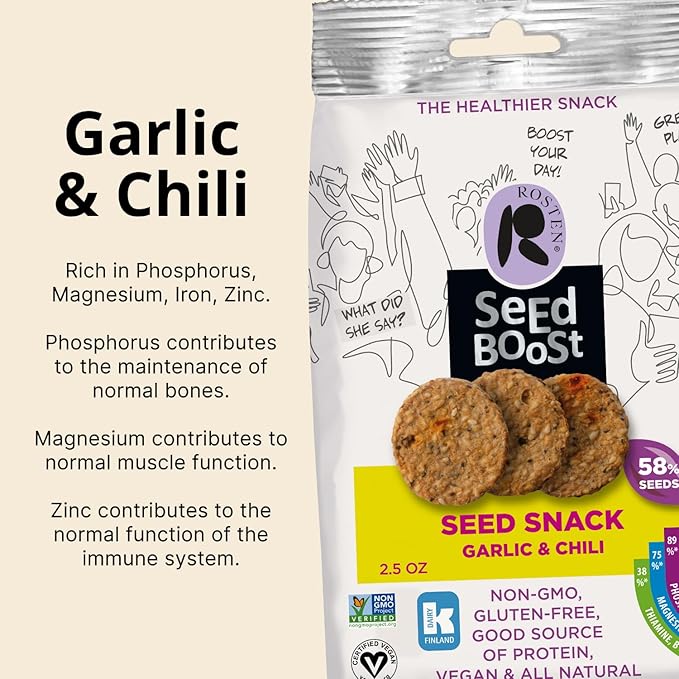 ROSTEN SeedBoost Seed Crackers (8 Pack) Garlic Chili Flavor - Vegan, Non-GMO, Gluten Free (2.5oz Each)