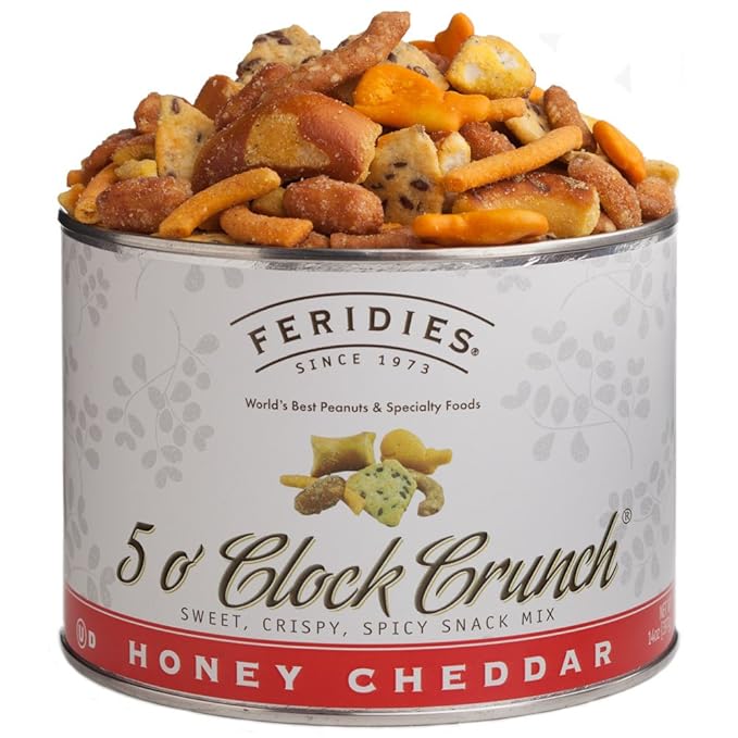 FERIDIES Honey Cheddar 5 O'Clock Crunch Snack Mix - 14oz Vacuum Sealed Tins (Pack of 2)