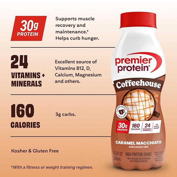 Premier Protein Shake COFFEEHOUSE, Caramel Macchiato, 30g Protein, No Added Sugar, 24 Vitamins & Minerals to Support Immune Health, 11.5 fl oz, 12 Pack