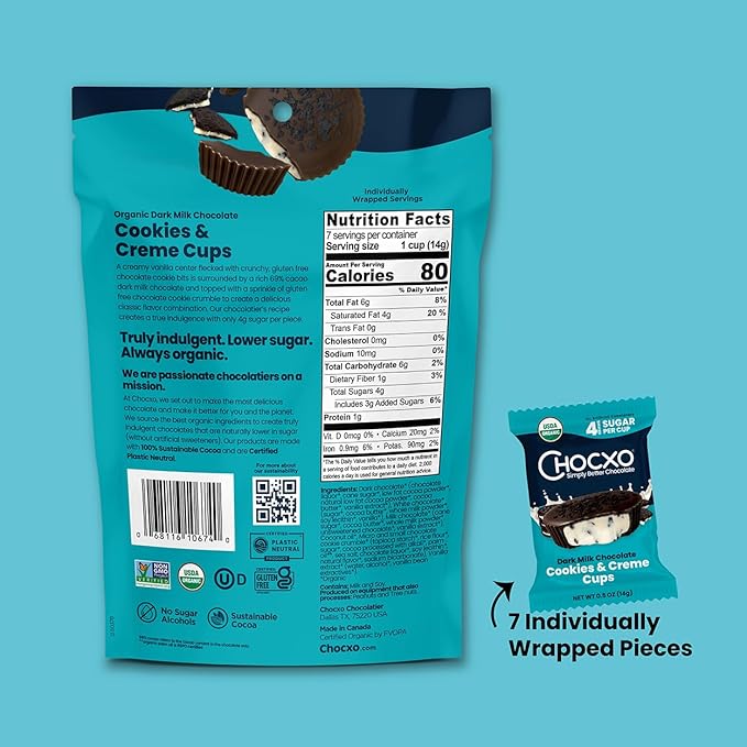 Chocxo Dark Milk Chocolate Cookies & Crème Cups - Lower Sugar, 69% Organic Cacao, NonGMO, Keto, Gluten Free, Kosher, No Artificial Sweeteners/Sugar Alcohols, 3.45 oz (Pack of 6)