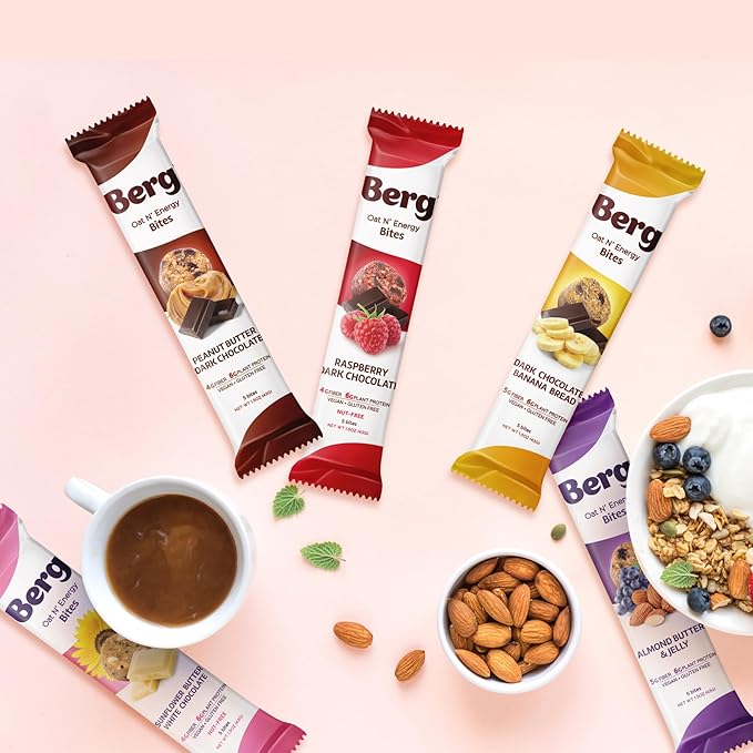 Berg Oat N' Energy Bites - Peanut Butter & Dark Chocolate - Non-GMO, Gluten Free, Dairy Free, Soy Free and Vegan - Clean Energy Snack - 1.5oz, (8 Pack)