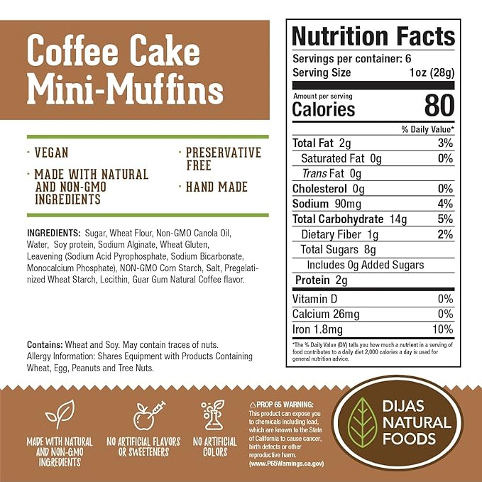 DIJAS Natural Foods Plant-Based 36-Vegan Mini Muffins ONLY $0.97-oz! Natural and Preservative Free Ingredients, Delicious Snack and Breakfast (36 Muffins) (Coffee Cake)