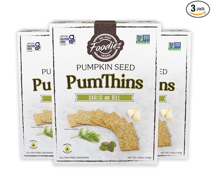 Foodies PumThins Garlic & Dill Crackers, Gluten Free, Made with Organic Pumpkin Seeds, No Seed Oils, Healthy, Paleo Friendly, 4.25 oz 3-Pack