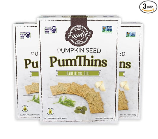 Foodies PumThins Garlic & Dill Crackers, Gluten Free, Made with Organic Pumpkin Seeds, No Seed Oils, Healthy, Paleo Friendly, 4.25 oz 3-Pack