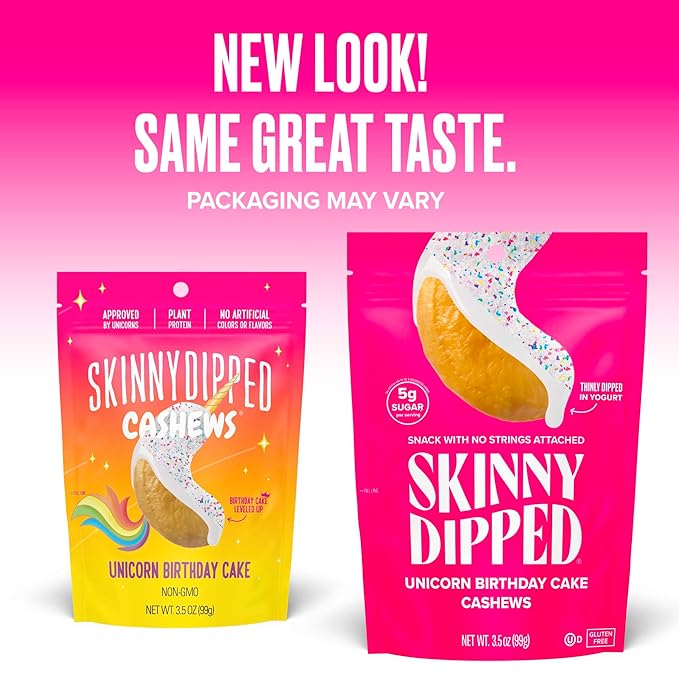 SkinnyDipped Birthday Cake Cashews, Healthy Snack, Plant Protein, Gluten Free, 3.5 oz Resealable Bags, Pack of 5