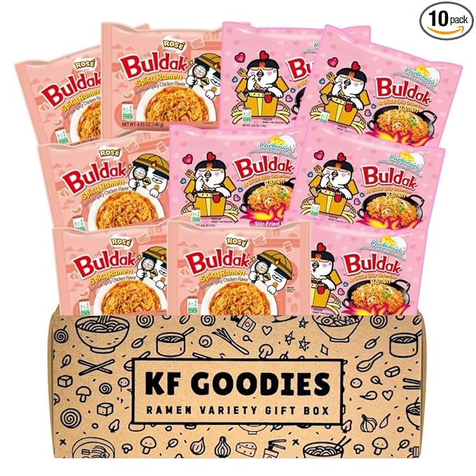 KF GOODIES Korean Ramen Variety Pack Gift Box (10 Count) – Spicy Buldak Noodle Assortment for Birthdays, College Care Packages, Office Snacks, and Gift Baskets