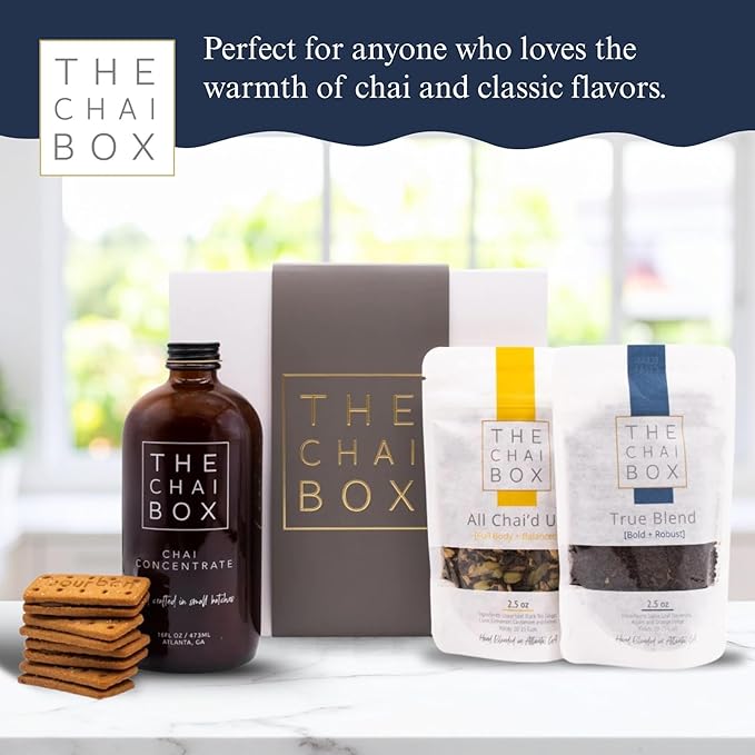 The Chai Box Loose Leaf Tea + Chocolate Bourbon Biscuits Gift Set | Tea Gift Box with Loose Leaf, Sweetened Chai Concentrate & Gourmet Biscuits (3 Pack) | The Perfect Pairing of Gourmet Tea and Biscuits for a Truly Memorable Gift